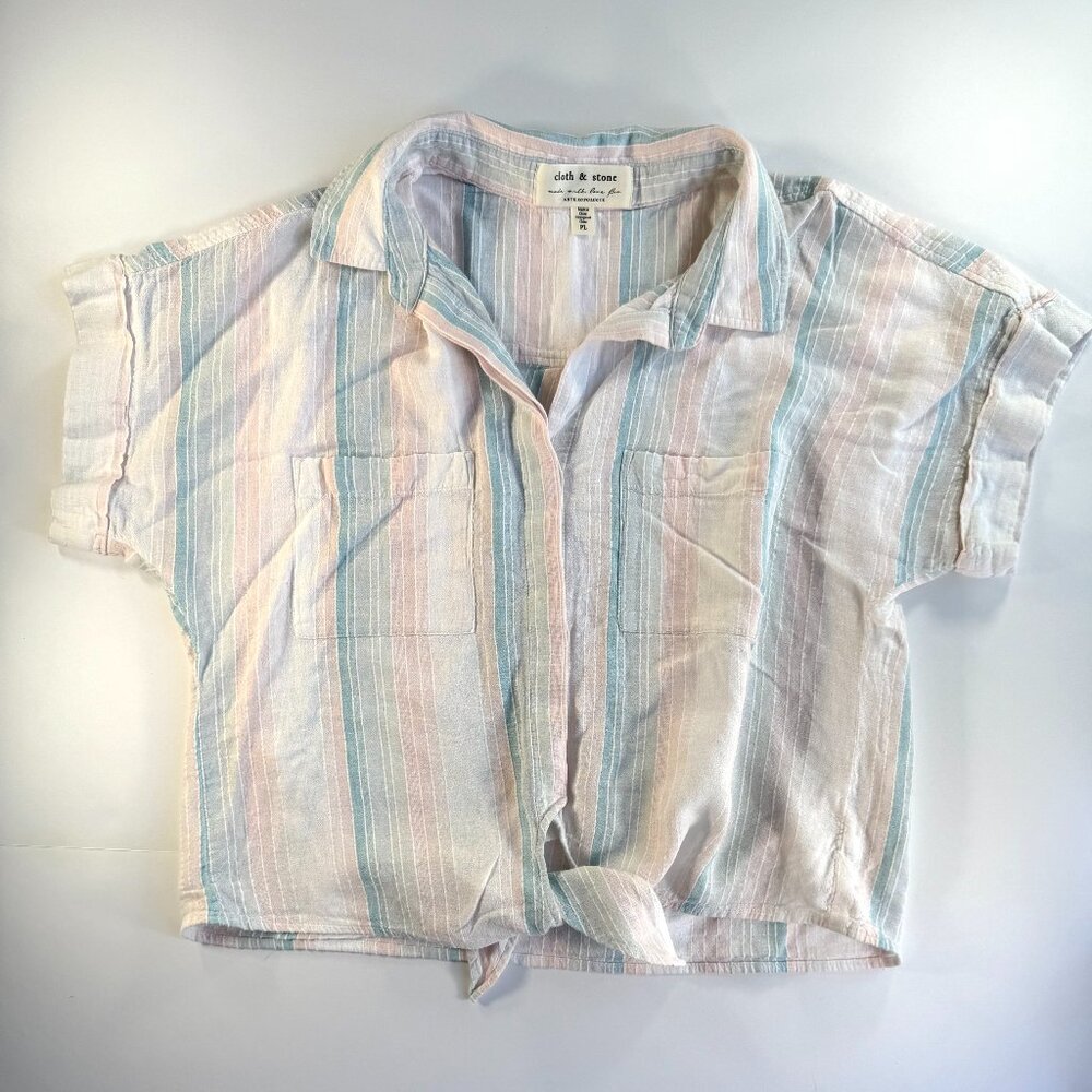 Anthropologie Cloth & Stone Blue Pink Stripe Front Tie Top Size PL